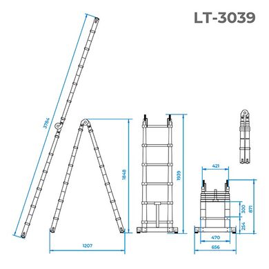 Лестница алюминиевая телескопическая раскладная универсальная, 12 ступ., 3,78 м INTERTOOL LT-3039