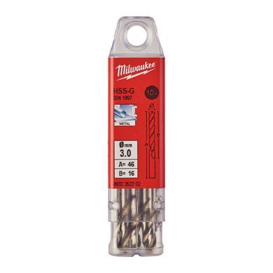 Свердло по металу HSS-G MILWAUKEE DIN1897, діаметр 3,0x46х16мм, (10шт), пластикова коробка