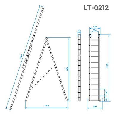 Лестница алюминиевая, 2-х секционная, универсальная, раскладная, 2*12 ступ., 5,9 м INTERTOOL LT-0212