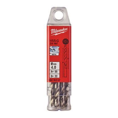 Свердло по металу HSS-G MILWAUKEE DIN1897, діаметр 4,0х55х22мм, скорочене, (10шт), пластикова коробка