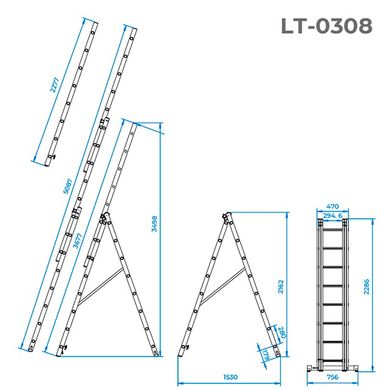Лестница алюминиевая, 3-х секционная универсальная раскладная, 3*8 ступ., 5.09 м INTERTOOL LT-0308