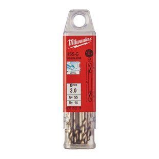 Свердло по металу HSS-G MILWAUKEE, DIN 1412 C, діаметр 3,0х46х11мм, двостороннє, (10шт), пластикова коробка