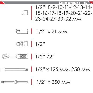 Набір інструментів професійний 1/2", 26 од. (гол. 8-32 мм) INTERTOOL ET-6027