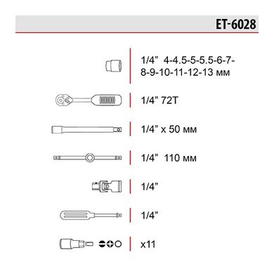 Набір інструментів 1/4", 28 од. (гол. 4-13 мм, біти 11 од.) INTERTOOL ET-6028
