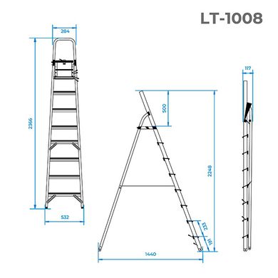 Стремянка алюминиевая 8 ступеней, высота до платформы 1720 мм INTERTOOL LT-1008