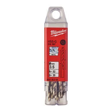 Свердло по металу HSS-G MILWAUKEE DIN1897, діаметр 3,5х52х20мм, скорочене, (10шт), пластикова коробка